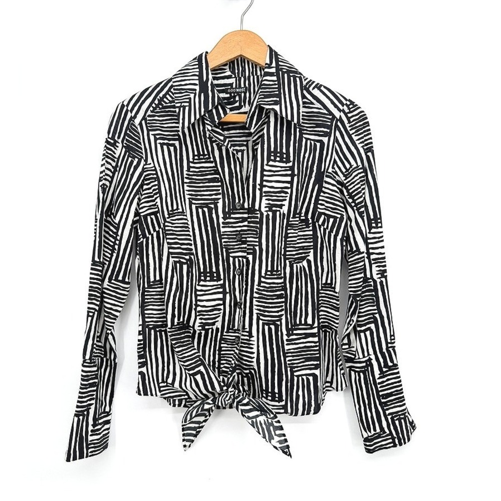 600 West Button Down Shirt Abstract Tie Waist Casual Work Bold Maximal Small